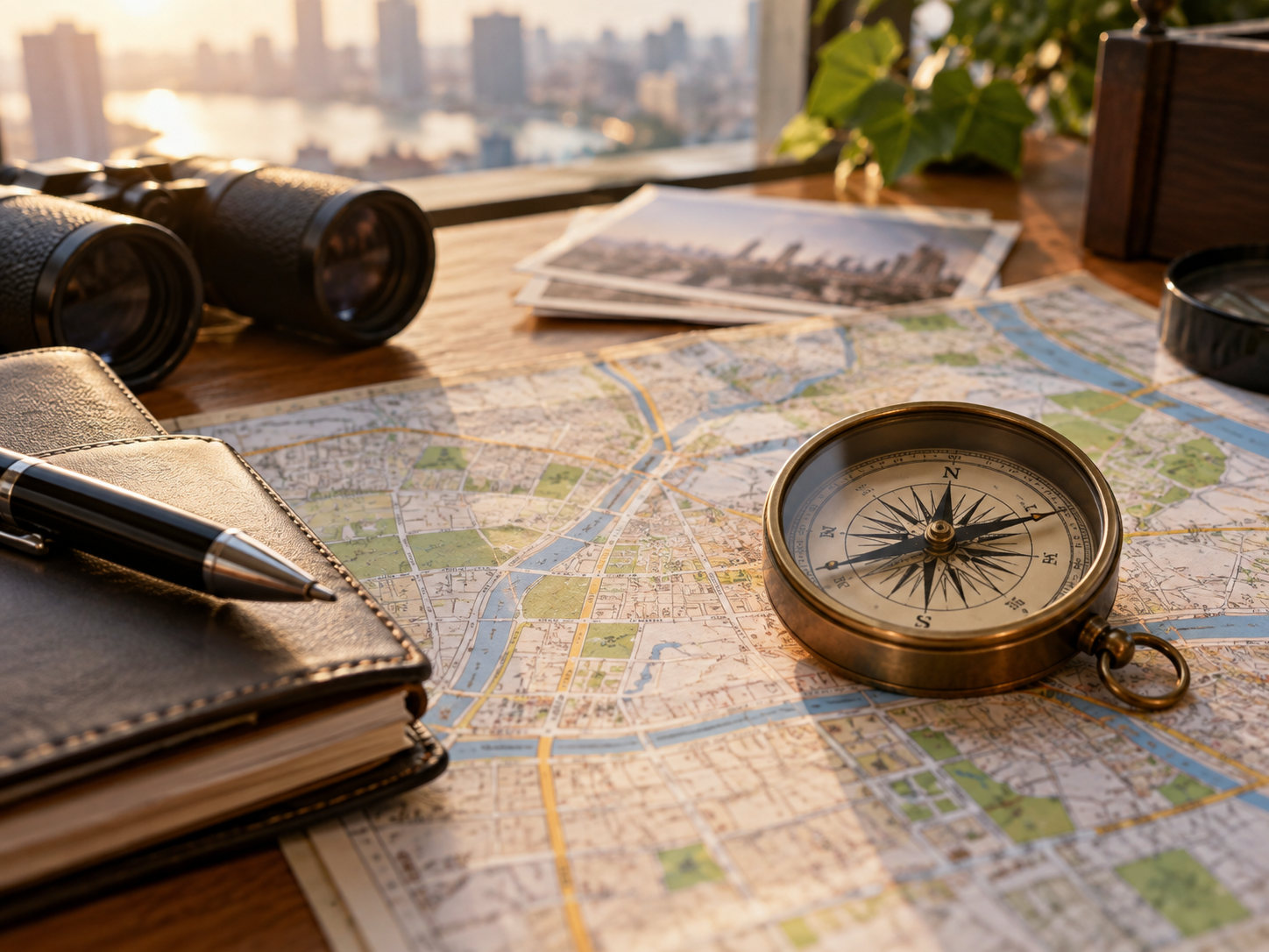 人探しをイメージした、地図とコンパスの調査風景